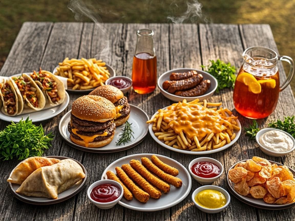 A Texas backyard feast — smash burgers, tacos, and pastries on a rustic table